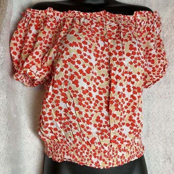Forever 21 Floral Crop Top Blouse Orange Cream and White Off Shoulder Medium - Picture 4 of 12